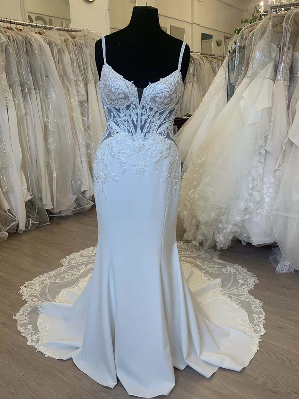 Trumpet/Mermaid V-neck Stretch Crepe Chapel Train Wedding Dress With Appliques Lace #Milly00028296