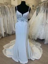 Trumpet/Mermaid V-neck Stretch Crepe Chapel Train Wedding Dress With Appliques Lace #Milly00028296