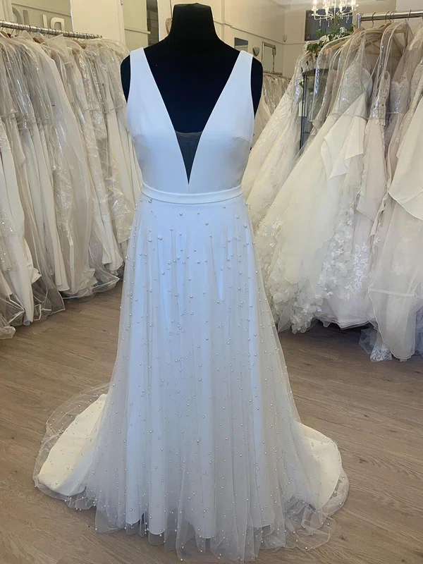 A-line V-neck Jersey Tulle Court Train Wedding Dress With Pearl Detailing #Milly00028297