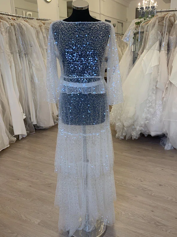 A-line Scoop Neck Glitter Floor-length Wedding Dress With Tiered #Milly00028300