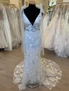 Sheath/Column V-neck Tulle Court Train Wedding Dress With Appliques Lace #Milly00028302