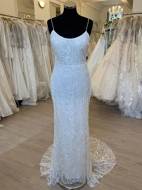 Sheath/Column Scoop Neck Glitter Lace Sweep Train Wedding Dress With Sequins #Milly00028303
