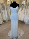 Sheath/Column Scoop Neck Glitter Lace Sweep Train Wedding Dress With Sequins #Milly00028303