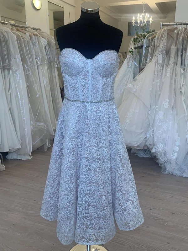 Ball Gown/Princess Sweetheart Glitter Lace Tea-length Wedding Dress With Beading #Milly00028304