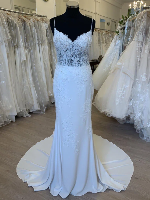 Sheath/Column V-neck Stretch Crepe Court Train Wedding Dress With Beading #Milly00028305