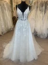 Ball Gown/Princess V-neck Tulle Sweep Train Wedding Dress With Appliques Lace #Milly00028307