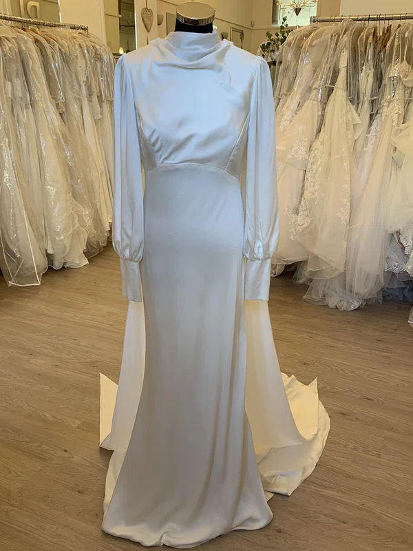 Sheath/Column High Neck Satin Sweep Train Wedding Dress #Milly00028308