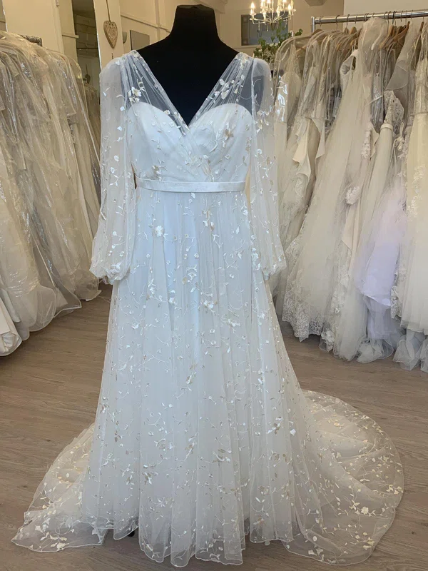 A-line V-neck Tulle Court Train Wedding Dress With Flower(s) #Milly00028311