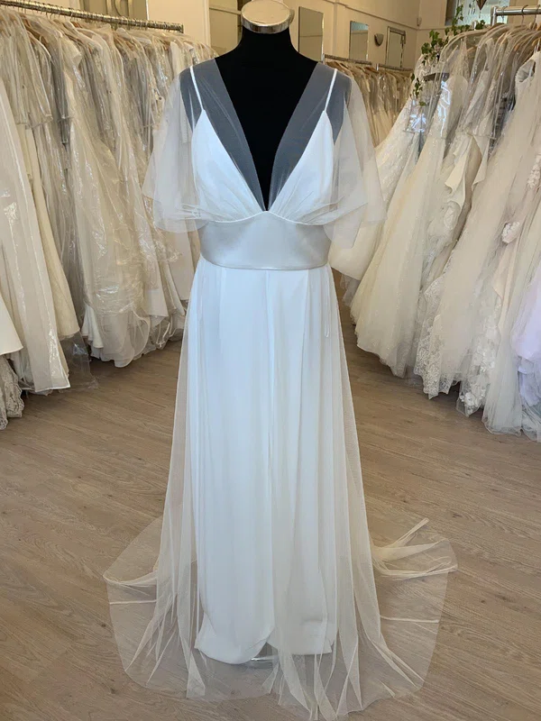 A-line V-neck Tulle Court Train Wedding Dress With Ruched #Milly00028312