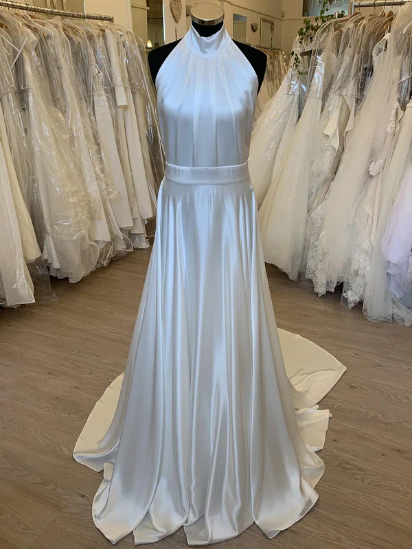 A-line Halter Satin Sweep Train Wedding Dress With Ruched #Milly00028313
