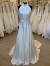 A-line Halter Satin Sweep Train Wedding Dress With Ruched #Milly00028313