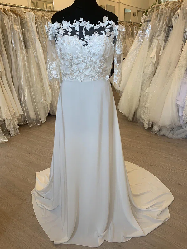 A-line Off-the-shoulder Satin Chiffon Sweep Train Wedding Dress With Appliques Lace #Milly00028314