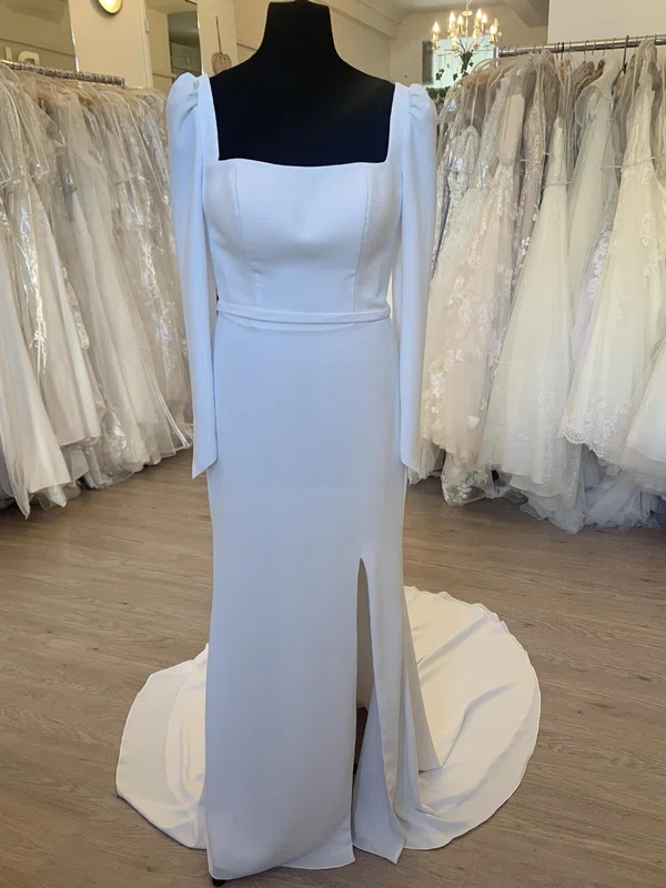 Sheath/Column Square Neckline Stretch Crepe Court Train Wedding Dress With Split Front #Milly00028316