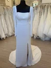 Sheath/Column Square Neckline Stretch Crepe Court Train Wedding Dress With Split Front #Milly00028316