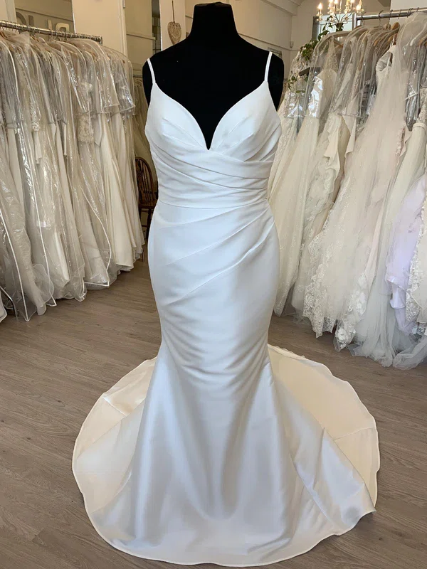Sheath/Column V-neck Satin Sweep Train Wedding Dress With Ruched #Milly00028318