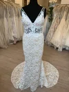 Trumpet/Mermaid V-neck Lace Sweep Train Wedding Dress #Milly00028321