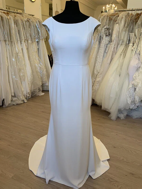 Sheath/Column Scoop Neck Stretch Crepe Sweep Train Wedding Dress With Appliques Lace #Milly00028323