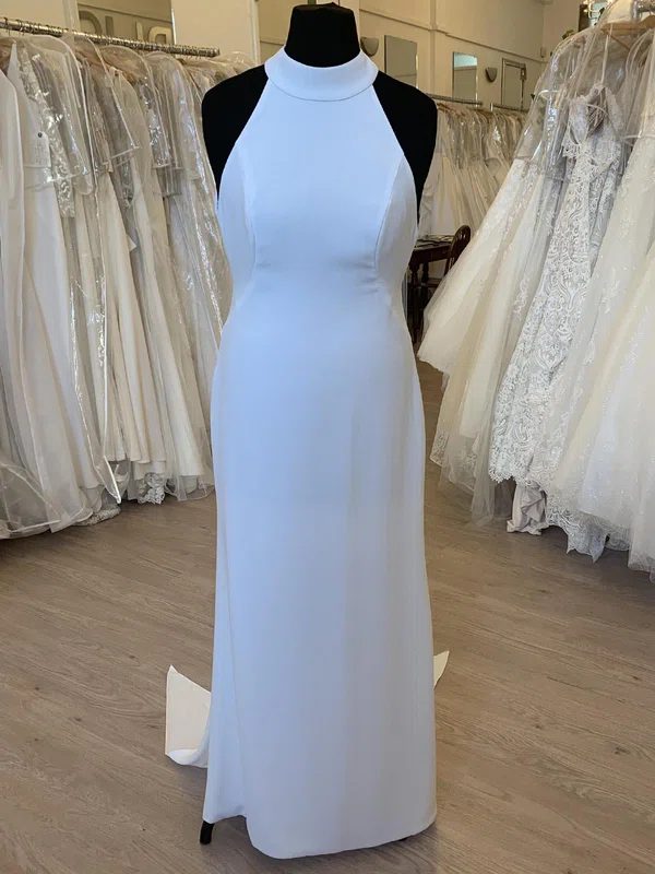 Sheath/Column High Neck Chiffon Sweep Train Wedding Dress #Milly00028324