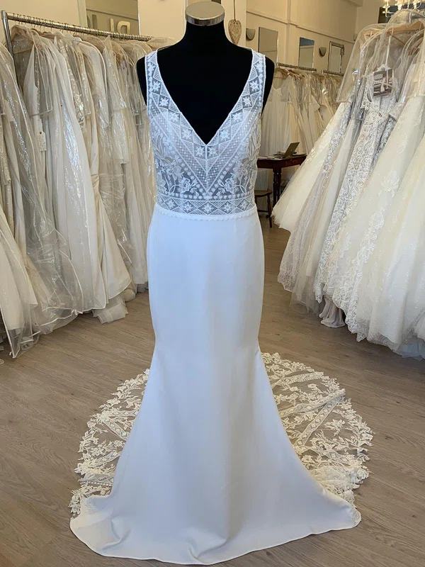 Trumpet/Mermaid V-neck Stretch Crepe Court Train Wedding Dress With Appliques Lace #Milly00028326
