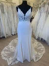 Trumpet/Mermaid V-neck Stretch Crepe Court Train Wedding Dress With Appliques Lace #Milly00028327