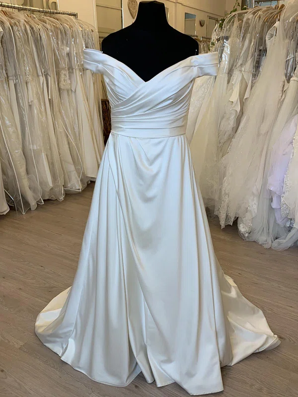 Ball Gown/Princess Off-the-shoulder Satin Sweep Train Wedding Dress With Ruched #Milly00028328