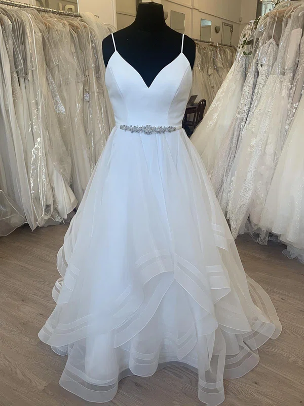 A-line V-neck Organza Sweep Train Wedding Dress With Ruffles #Milly00028329