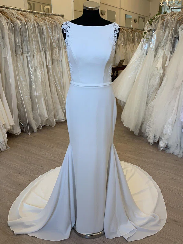 Sheath/Column Scoop Neck Satin Chiffon Court Train Wedding Dress With Appliques Lace #Milly00028330