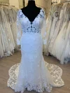 Sheath/Column V-neck Tulle Court Train Wedding Dress With Flower(s) #Milly00028332