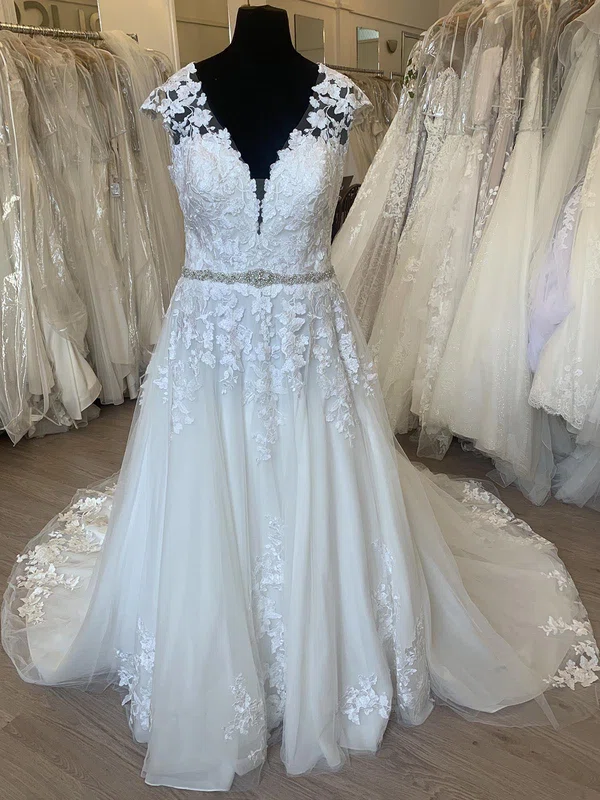 A-line V-neck Tulle Court Train Wedding Dress With Beading #Milly00028333