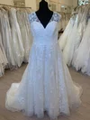 Ball Gown/Princess V-neck Tulle Sweep Train Wedding Dress With Appliques Lace #Milly00028334