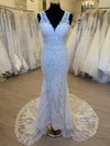 Sheath/Column V-neck Lace Sweep Train Wedding Dress With Appliques Lace #Milly00028335