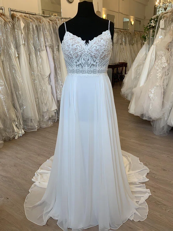 A-line V-neck Chiffon Sweep Train Wedding Dress With Appliques Lace #Milly00028337
