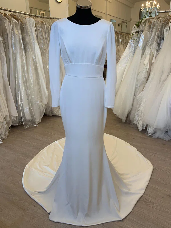 Trumpet/Mermaid Scoop Neck Stretch Crepe Sweep Train Wedding Dress #Milly00028339