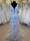 Sheath/Column V-neck Tulle Sweep Train Wedding Dress With Appliques Lace #Milly00028341