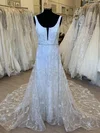 A-line Scoop Neck Tulle Court Train Wedding Dress With Flower(s) #Milly00028342