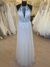 A-line Scoop Neck Tulle Floor-length Wedding Dress With Appliques Lace #Milly00028343