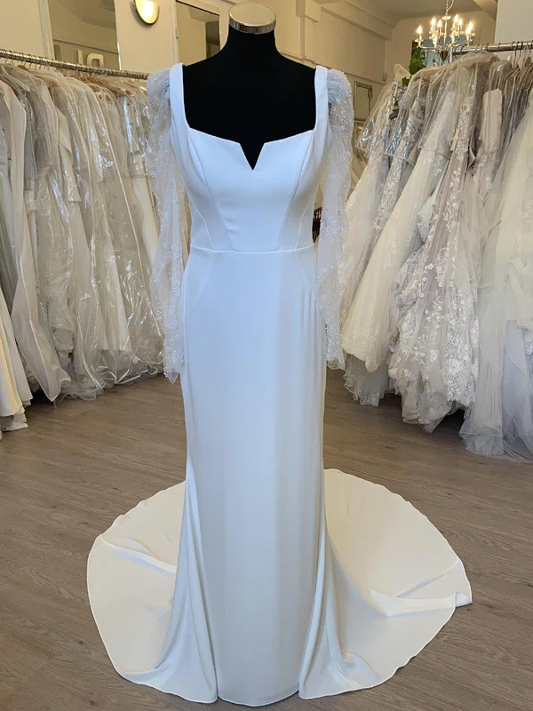 Sheath/Column Square Neckline Satin Chiffon Court Train Wedding Dress With Pearl Detailing #Milly00028344