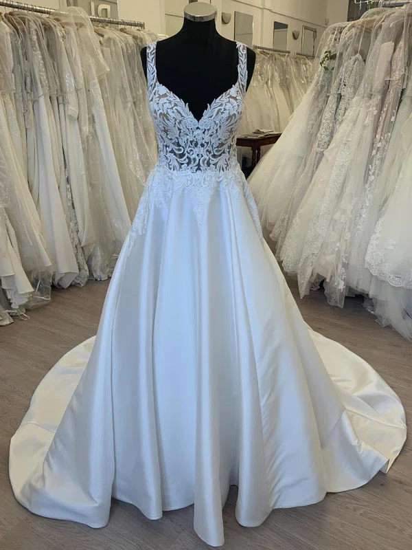 Ball Gown/Princess V-neck Satin Court Train Wedding Dress With Appliques Lace #Milly00028347