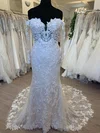 Sheath/Column Off-the-shoulder Tulle Lace Court Train Wedding Dress With Appliques Lace #Milly00028348