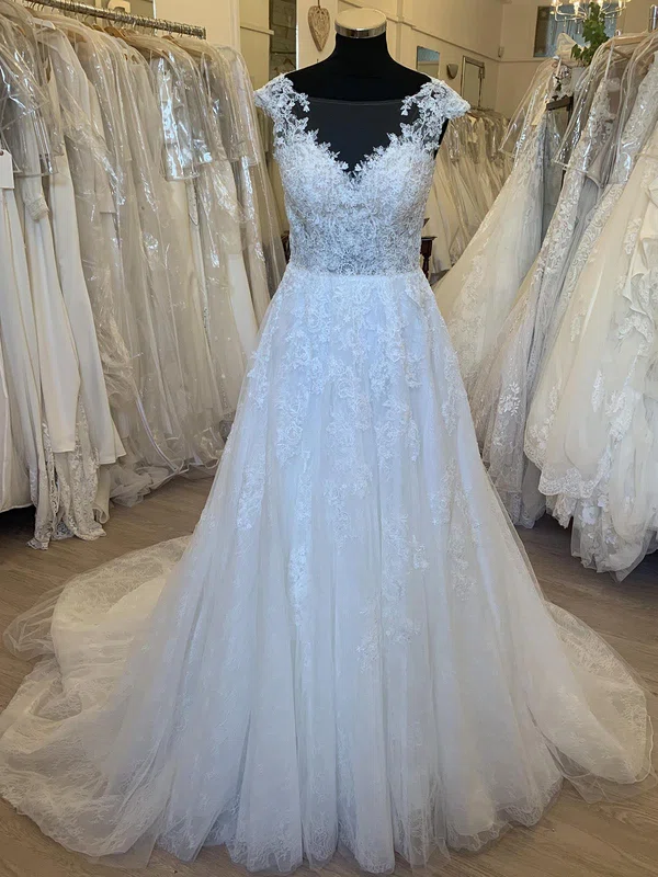 Ball Gown/Princess Illusion Lace Tulle Court Train Wedding Dress With Appliques Lace #Milly00028352