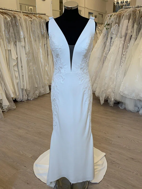 Sheath/Column V-neck Stretch Crepe Sweep Train Wedding Dress With Appliques Lace #Milly00028356
