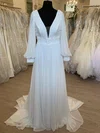 A-line V-neck Chiffon Sweep Train Wedding Dress With Ruched #Milly00028357