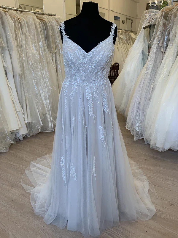 A-line V-neck Tulle Sweep Train Wedding Dress With Appliques Lace #Milly00028359