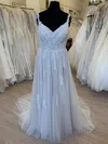 A-line V-neck Tulle Sweep Train Wedding Dress With Appliques Lace #Milly00028359