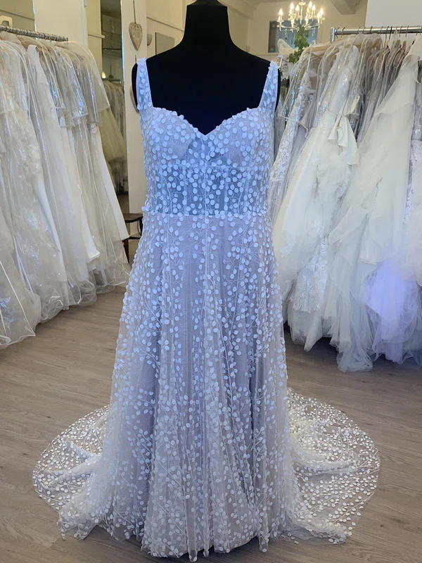 A-line Sweetheart Tulle Court Train Wedding Dress With Appliques Lace #Milly00028361