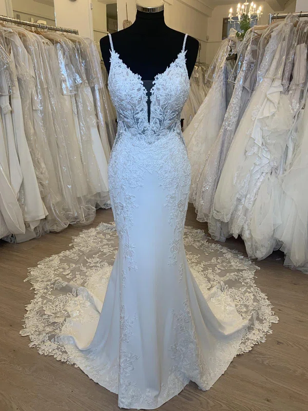 Trumpet/Mermaid V-neck Stretch Crepe Court Train Wedding Dress With Appliques Lace #Milly00028363