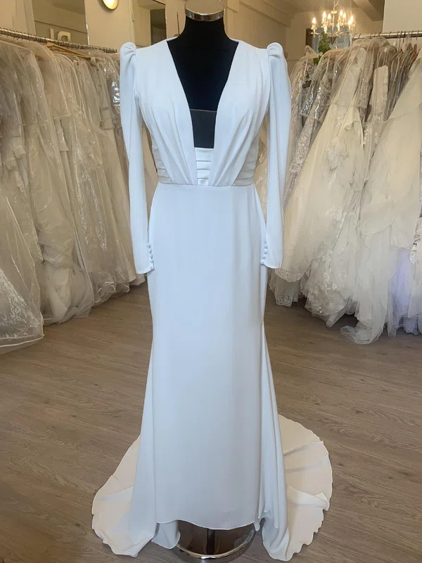 Sheath/Column V-neck Satin Chiffon Sweep Train Wedding Dress With Ruched #Milly00028365