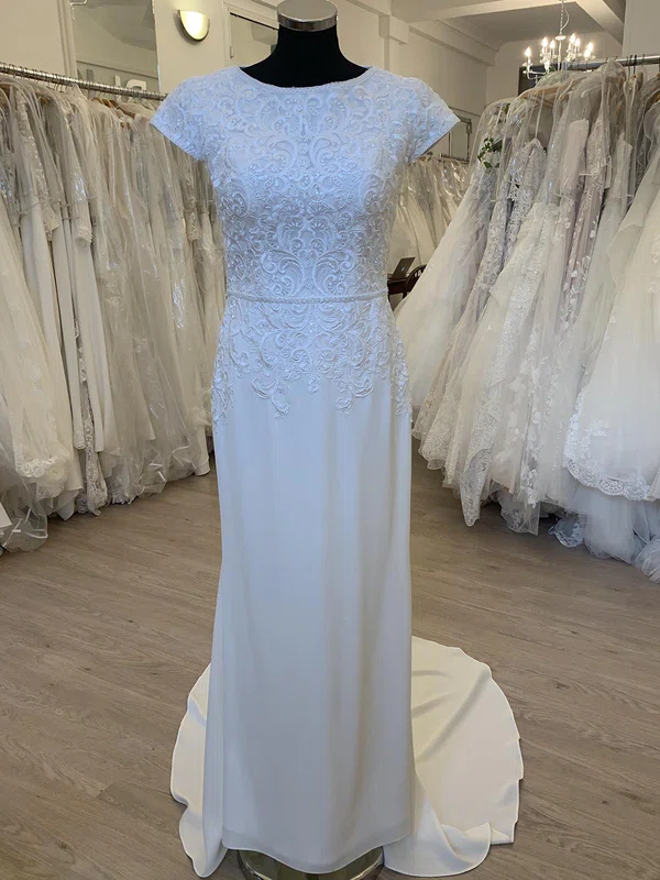 Sheath/Column Scoop Neck Satin Chiffon Sweep Train Wedding Dress With Appliques Lace #Milly00028366
