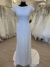 Sheath/Column Scoop Neck Satin Chiffon Sweep Train Wedding Dress With Appliques Lace #Milly00028366