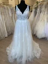 Ball Gown/Princess V-neck Tulle Court Train Wedding Dress With Appliques Lace #Milly00028369